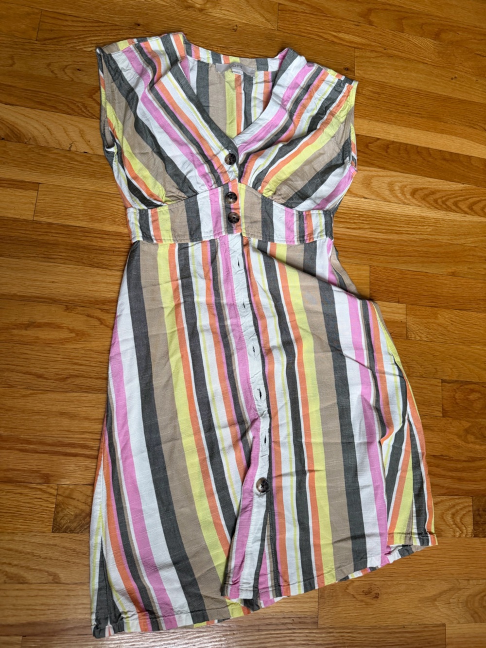 LOFT Striped Button-Front Dress in Pink, Yellow, Gray, White